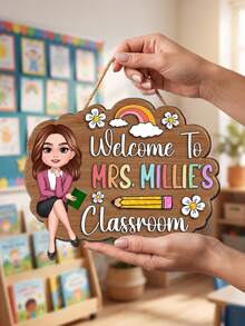 1pc Custom Teacher Cartoon Classroom Door Sign,Personalized Custom Name,Personalized Chibi Teacher Character Wooden Door Hanger,Two Styles Available,Classroom Decor,Teacher Appreciation Back To School Gift For Teachers,Thoughtful Gift For Teachers - Multicolor - View 8