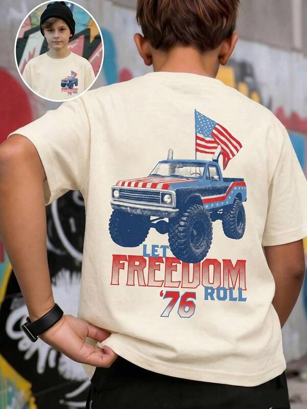1pc Boys American Vintage Front & Back Print Short Sleeve T-Shirt, American Flag Off-Road Vehicle Pattern Crew Neck Top, Summer Loose Drop Shoulder Kids Clothing, Little Boy Daily Casual Versatile Outing Basic Tee