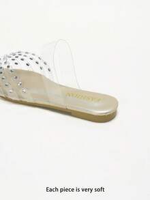 Rhinestone-Embellished Clear Strap Pointed Toe Flat Slide Sandals - Gold - View 8