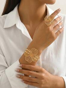 2pcs/Set New Creative Elegant Summer Floral European & American Style Personalized Bracelet And Ring Set, Suitable For Party, Daily Wear And Date Outfits - Yellow Gold - View 1