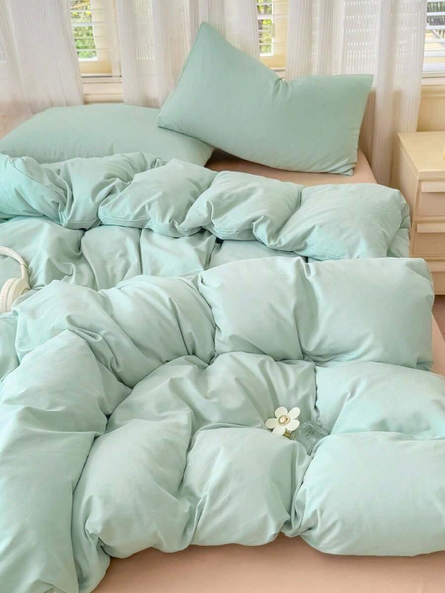 Blue & White Colorblock Washed Polyester Skin-Friendly Duvet Cover 3 Pieces Set - Cadet Blue - View 1