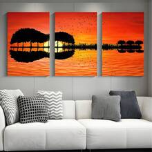 3 Panel Guitar Tree Lake Sunset Posters Wall Arts Posters Home Decor Posters Paintings Modern Living Room Bedroom Decoration Optional Framework - Multicolor - View 6