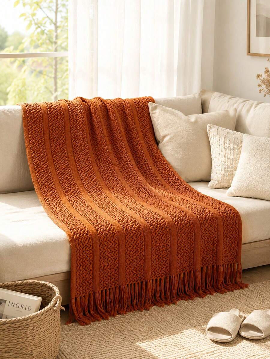 1pc Solid Color Knitted Blanket, Nordic Style Tassel Design Soft Blanket, Office Nap Blanket, Bed Throw, Sofa Blanket, Suitable For Daily Use - Caramelized Towel - View 1