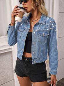 Women's Retro Cotton Studded Denim Jacket Casual - Light Wash - View 2