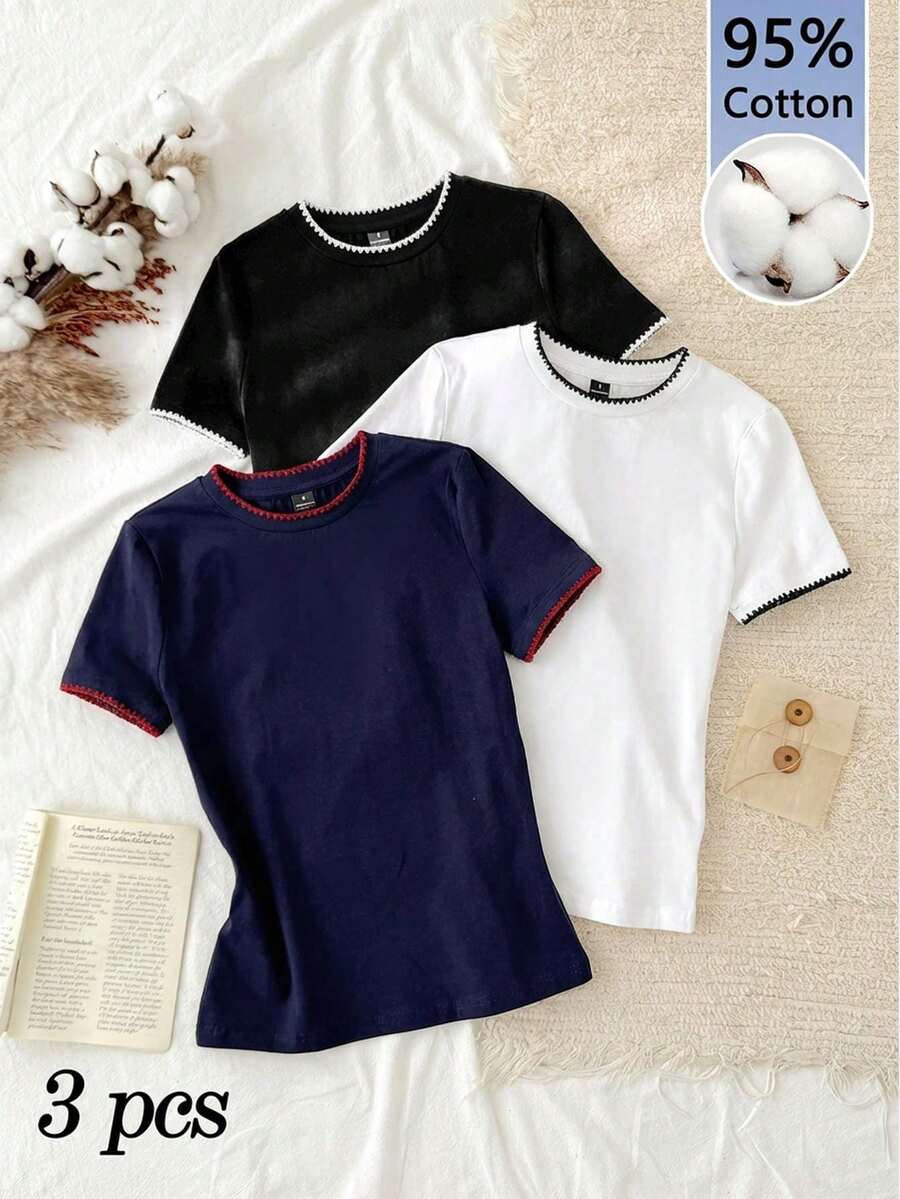Set Of 3 Slim-Fit Long-Sleeved T-Shirts With Round Neck, 95% Cotton, Minimalist And Casual Style For Women - 多色 19 - 查看 1