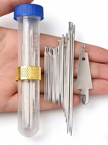 20pcs Big Eye Needle Threader Set, Traditional Steel Needles For Elderly, Handwork Sewing Clothes & Quilts (Random Color Needle Holder: Red Or Blue), Fine Needles For Handmade Sewing, Clothes, Quilts, Embroidery - Multicolor - View 2