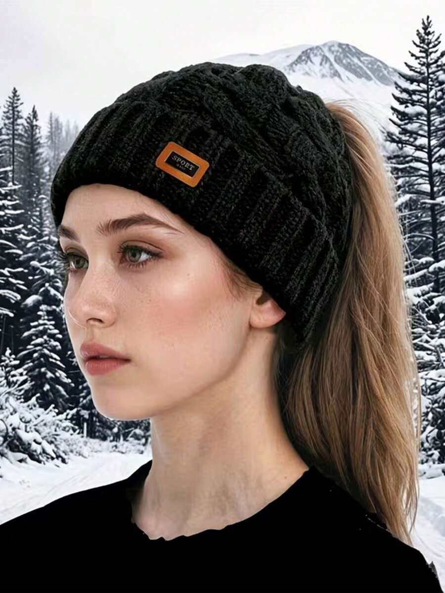 1 pièce Bonnet tricoté ouvert pour femmes, automne/hiver, élégant, polyvalent, coupe-vent, chaud, doublé thermique, grande circonférence de tête, convient pour le port quotidien en extérieur - Multicolore - Voir 1