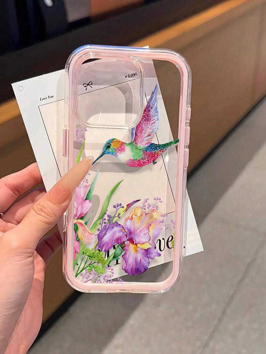 1pc Creative Floral Colorful Hummingbird Pattern Phone Case, Contrast Color 2-In-1 TPU Anti-Drop Soft Shell Protective Cover Compatible With Apple 11/12/13/14/14plus/15/15plus/16/16plus/17/17pro And Other Models - Multicolor - View 1