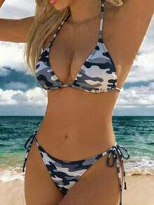 Summer Women's Sexy Vintage Colorblock Camouflage Print Swimsuit Set, Suitable For Beach Vacation, Adjustable Drawstring Design - Light Gray Camouflage - View 4