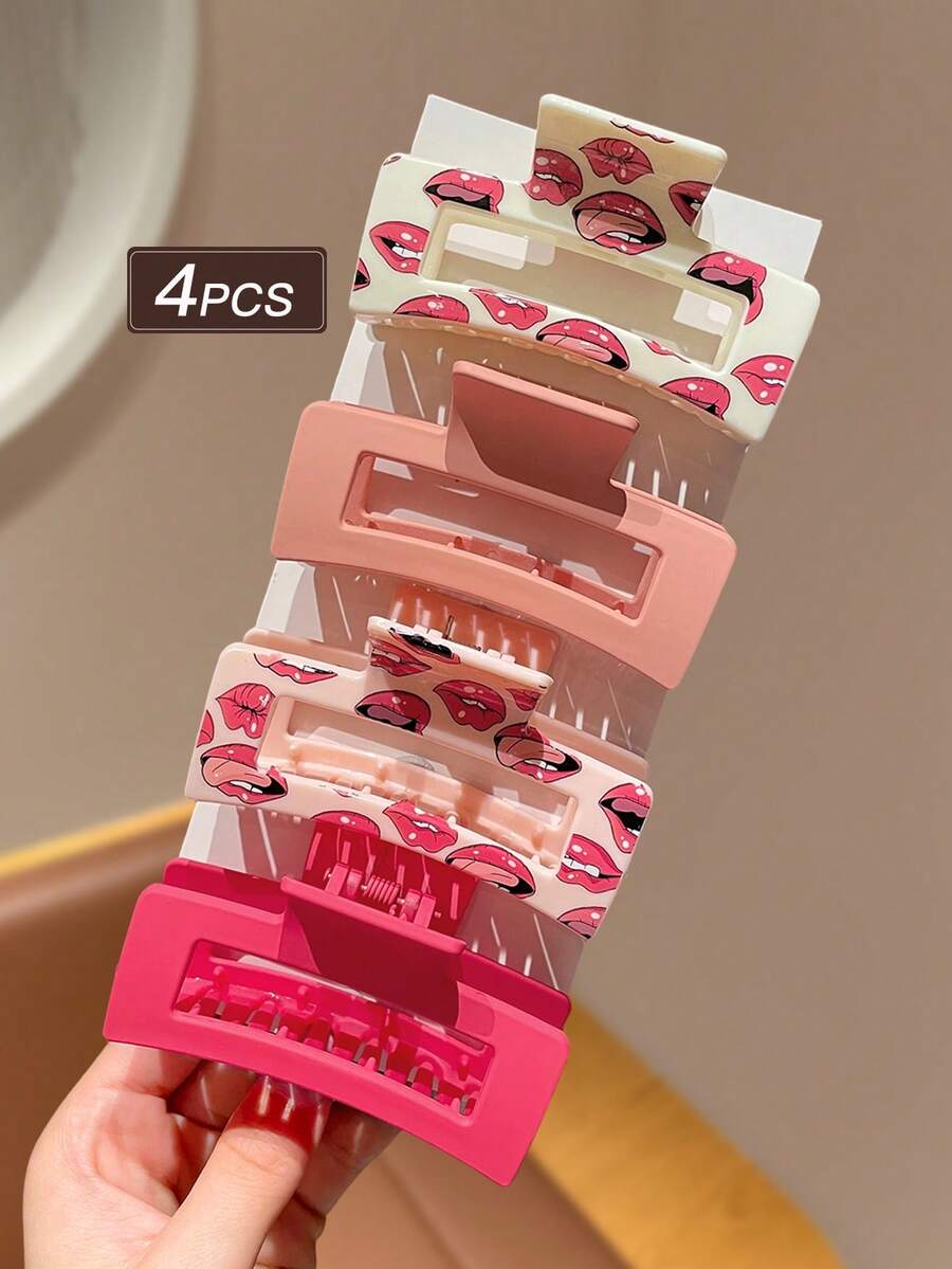 4Pcs Sexy Red Lip Print + Pure Pink Claw Clips, Large Size Claw Clips, Elegant Glossy Non-Slip Hair Clips, Strong Hold Suitable For Thick Hair, Perfect For Girls Daily / Commute / Party / Casual Updo Hairstyles, Beach Accessories, Beach Hair Accessories, Girls Hair Clips, Women Hair Accessories, Gift Recommendation