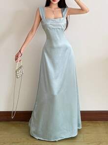 Top Dazzle Women's Elegant Sleeveless Backless Long Dress With Straps, Fit And Flare Design For Parties And Events - Blue - View 3