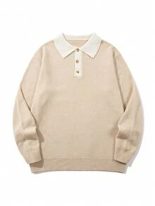 Men's Fashion Casual Vacation Daily Commute Home Wear POLO Collar Button Half Cardigan Long Sleeve Loose Ribbed Pullover Knit Sweater Autumn Winter Style - Khaki - View 3
