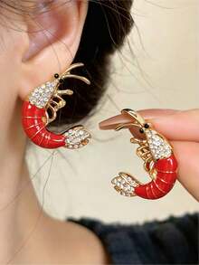 1 Pair Summer Ocean Style Rhinestone Lobster Stud Earrings, Fashion Creative Design, Premium Minimalist Casual Versatile Jewelry For Women, Suitable For Daily Wear, Gatherings And Parties - Multicolor - View 1