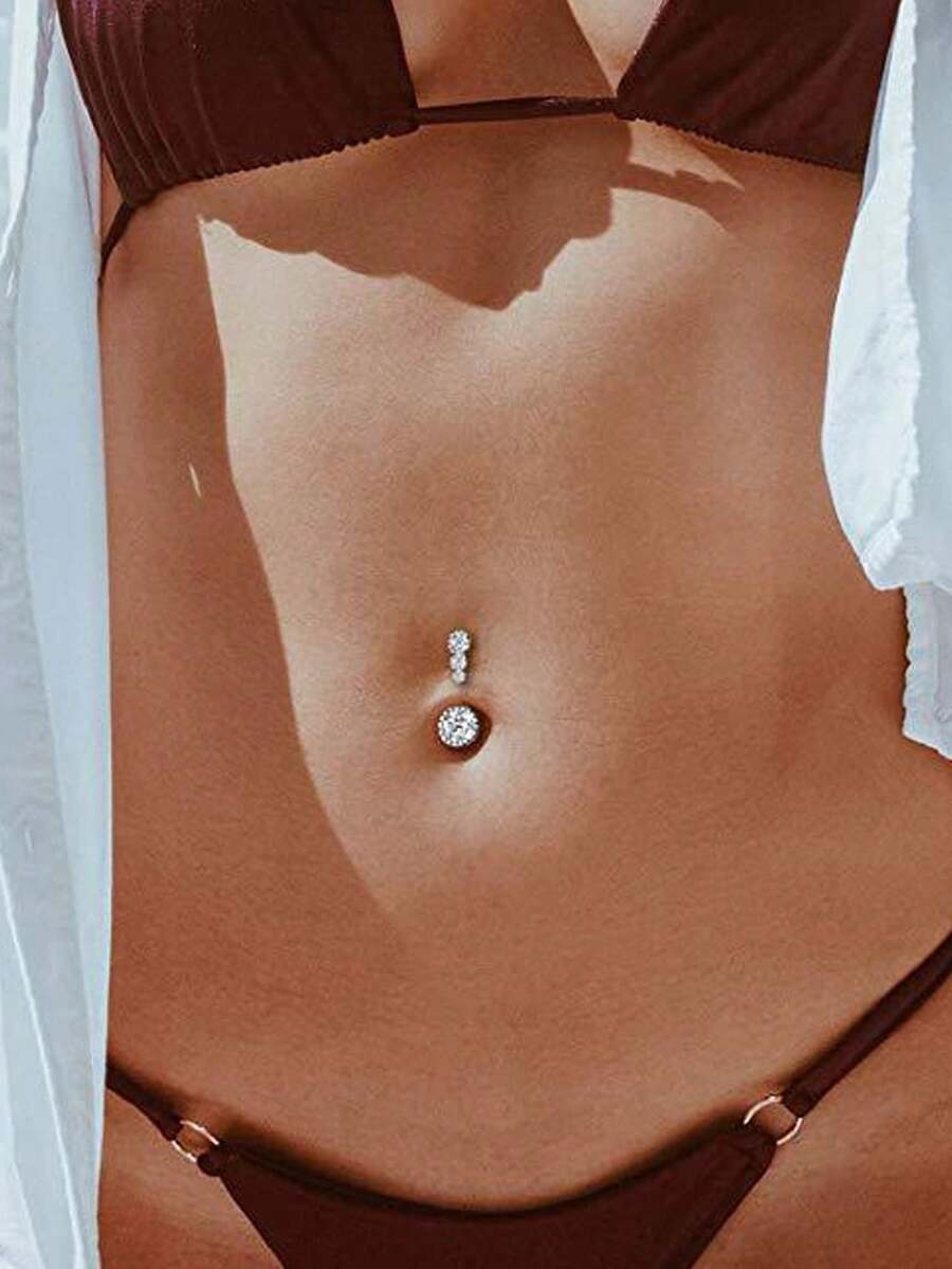 1pc Women's Zirconia Crystal Belly Button Ring, Navel Piercing Jewelry, Surgical Steel Barbell Heart/Round Shape - Silver - View 1