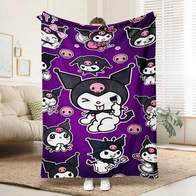 1 chiếc chăn nỉ Kuromi màu tím thoải mái in tràn nhiều biểu cảm, thiết kế dệt kim polyester mềm mại, đa năng, giặt máy được, chăn bông xốp và khăn choàng thư giãn, quà tặng lý tưởng cho gia đình, du lịch, ngoài trời, phù hợp mọi mùa, hoàn hảo cho sofa, giường, văn phòng hoặc du lịch, xem phim, ngủ trưa, phòng ngủ, ô tô, chăn Sanrio