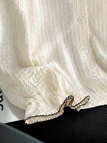 Tween Girls Peter Pan Collar Blouse, Contrast Trim Textured Button Up Shirt, Teen Tween Girl Cute Long Sleeve Ruffle Cuff Top - Apricot - View 9