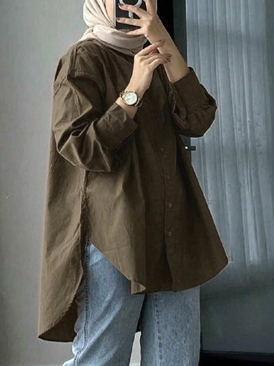 女款寬鬆鈕扣領長袖休閒梭織面料上衣,適合秋季穿著 - 軍綠色 - 查看 1