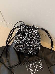 Women's Drawstring Mini Crossbody Bucket Bag, Quilted Pattern, Daily Outdoor Use - Silver - View 1