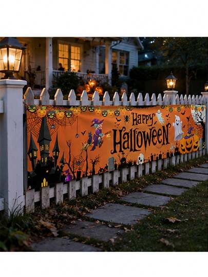 180cm "Happy Halloween" Hanging Banner - Large Halloween Party Backdrop Decoration; Waterproof Outdoor Fence Banner (With Pumpkin And Ghost Patterns) Suitable For Yard Fence, Garden, Porch And Lawn Decoration, Halloween Decoration Banner, Halloween Decoration