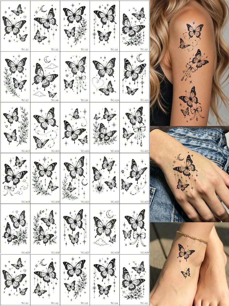 30pcs Butterfly Temporary Tattoos For Women, Flower, Moon, Stars, Heart Tattoo Stickers Waterproof Fake Tattoo For Hand Body Makeup, Disposable Hand Tattoo - 黑色 - 查看 1