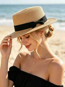 1pc Bohemian French Raffia Bow Straw Hat For Women, Summer Beach Sun Protection Panama Hat - Multicolor - View 2