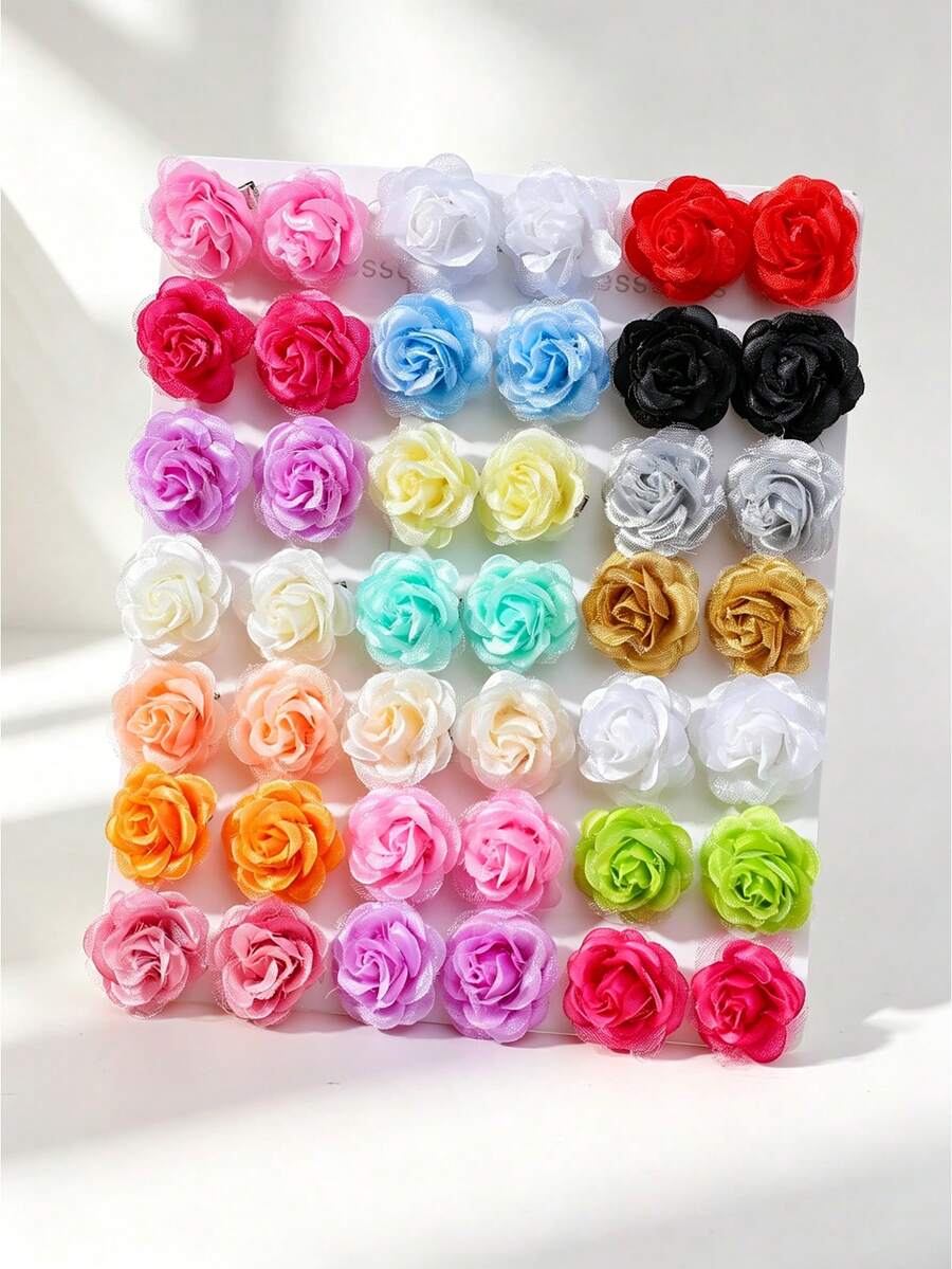 10pcs Girls Multi-Color Faux Tulle Ruched Rose & Camellia Flower Hair Clips, Bangs Side Clips, Spring/Summer Beach Hair Accessories, Random Colors, For Daily Wear - Multicolor - View 1