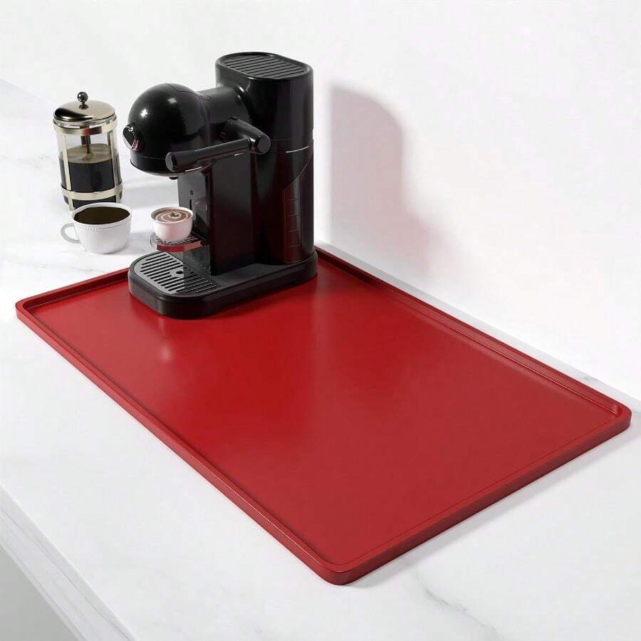 Silicone Coffee 12" X 19" Waterproof Raised Coffee Bar Mats Espresso Station Accessories, Heat Resistant Dish Drying Pad Kitchen Counter, Rubber Bar Decor Pad, Red - 紅色 - 查看 1