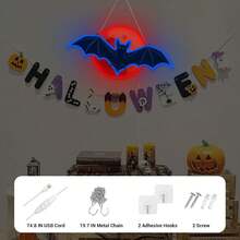 萬聖節 LED 霓虹燈，萬聖節牆面裝飾南瓜「Trick Or Treat」霓虹燈，適用於房間、窗戶裝飾，趣味家居裝飾，派對，萬聖節裝飾，USB 供電 - 黑色 - 蝙蝠 - 查看 5