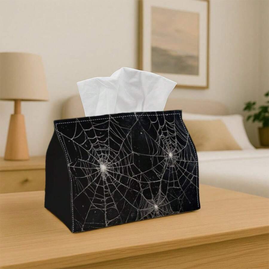 1pc Night Sky Spider Web Pattern Tissue Box Cover, Halloween Dark Abstract Design Tissue Holder, Suitable For Christmas Decor, Thick Durable Shell Resistant To Damage, For Home Daily Use, Car Interior, Theme Party, User-Friendly Convenient Tissue Dispensing Opening - Multicolor - View 1
