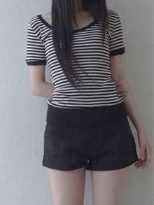 Slim Fit Striped Regular Shoulder Large Scoop Neck Short Sleeve Undershirt Top Casual Summer - Black and White - View 11