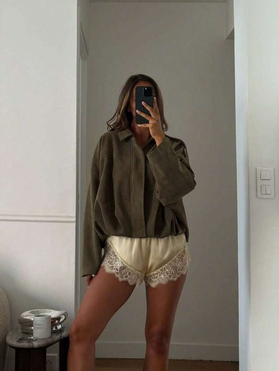 Chaqueta casual suelta de manga larga de ante sintético de un solo pecho para mujer, adecuada para usar en primavera. - Verde - Ver 1