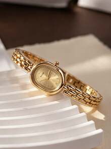 2pcs Fashion Minimalist Classic Women's Quartz Watch, Versatile Oval Roman Numeral Dial, With Chain Steel Bracelet, Paired With Luxury Rhinestone Bracelet Set, Perfect Gift Set For Women - Gold - View 3