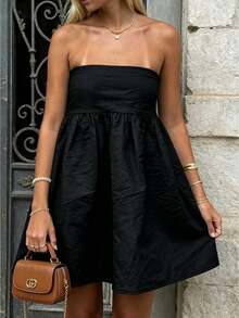 Women Tube Dress Solid Color A-Line Dress Strapless Dress Summer Backless Mini Dress - 黑色 - 查看 1
