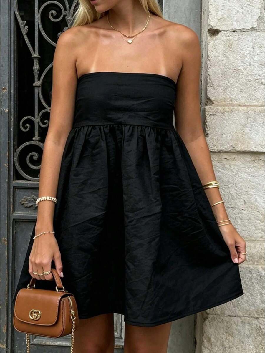 Women Tube Dress Solid Color A-Line Dress Strapless Dress Summer Backless Mini Dress - 黑色 - 查看 1