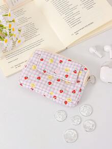Strawberry & Plaid Print Quilted Cosmetic Bag Portable Sanitary Napkin Organizer With Keyring Cute Mini Storage Bags Heart Pattern Coin Purses Pouch - Multicolor - View 13