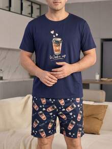 Plus Size 2pcs Men's Pajama Set, Casual Short Sleeve & Shorts Loungewear With Coffee Cup Print - Multicolor - View 4