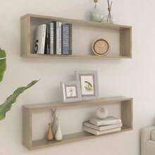 vidaXL Wall Shelf, Set Of 2, Wall-Mounted Shelf, Wall Storage With Ample Space For Books And Awards, Cube Shelf, Hanging Shelf, Bookshelf, Light Oak/Khaki Wood Composite - Light Oak Khaki - View 9