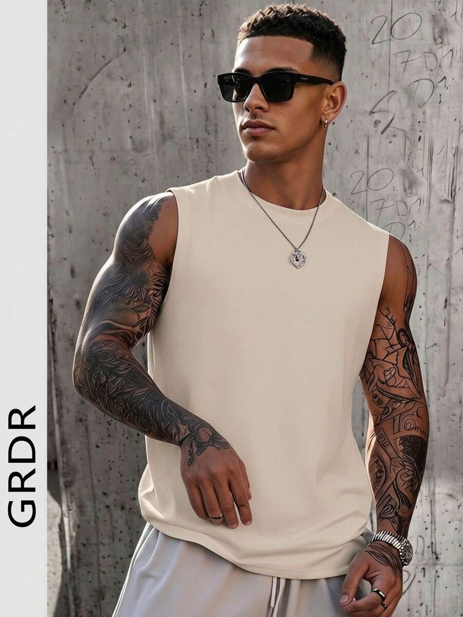 GRDR Tank Top Pria Kasual Musim Panas Tanpa Lengan Leher Bulat