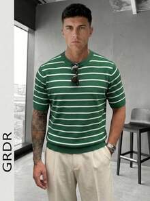 GRDR Men's Colorblock Knit Short Sleeve Sweater, Striped Fashion Short Sleeve, Suitable For Summer Casual Gatherings, Essential Fashionable Item - Green - View 1