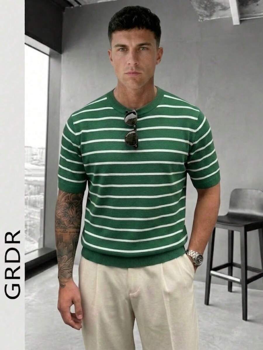 GRDR Men's Colorblock Knit Short Sleeve Sweater, Striped Fashion Short Sleeve, Suitable For Summer Casual Gatherings, Essential Fashionable Item - Green - View 1