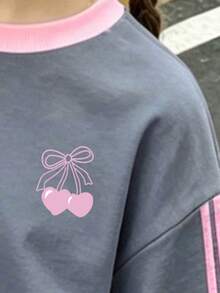 Young Girl Casual Minimalist Blue, Mini Cartoon Pattern, Contrast Cream Pink Striped Short Sleeve Crew Neck Long Sleeve And Pants Set - Light Grey - View 3