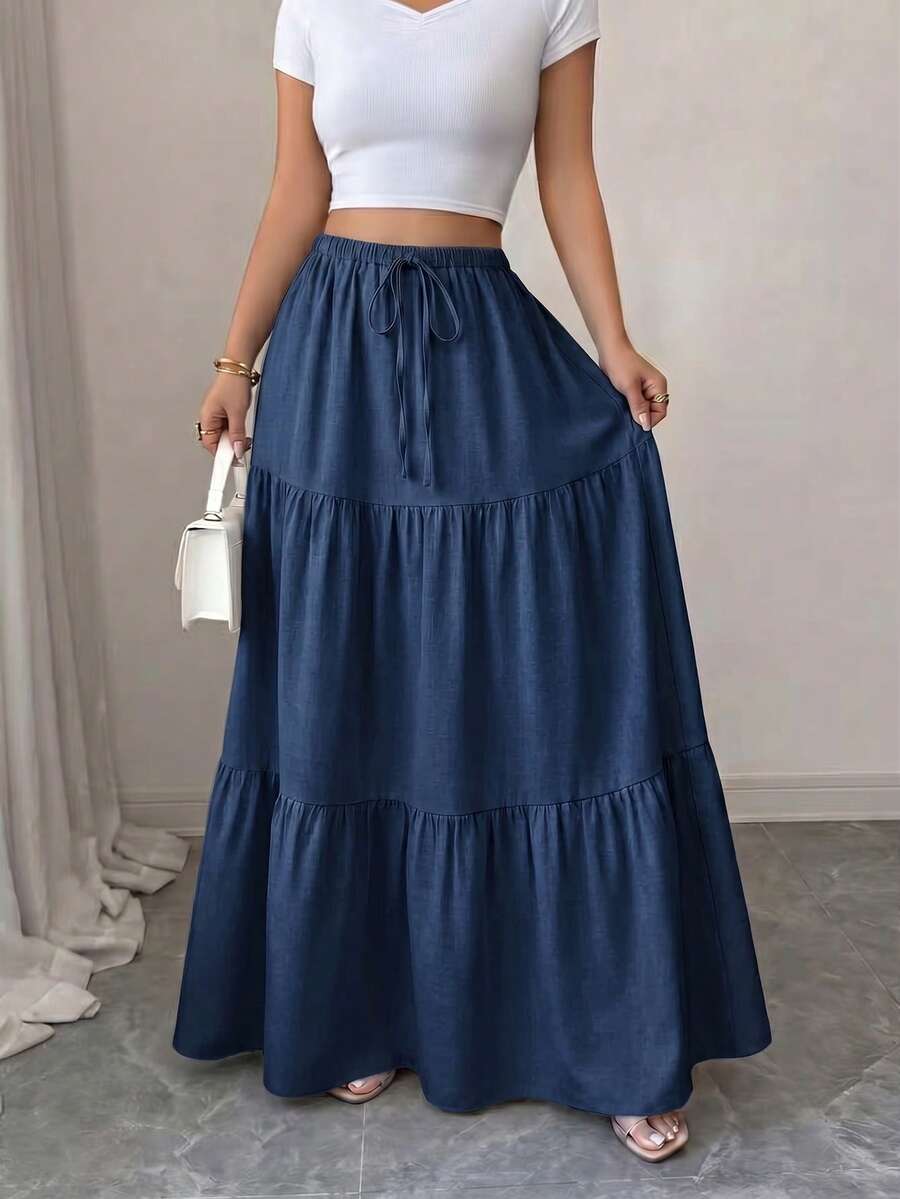 Solid Color Casual Beach Vacation Ruffle Hem Skirt - Royal Blue - View 1