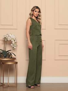 Elegant Tailored Vest And Trousers Set - Formal/Casual - 軍綠色 - 查看 4