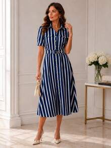 Women's Midi Shirt Dress With Front Buttons And Belt - Elegant Wedding Casual Fashion - 藏蓝色 - 查看 5