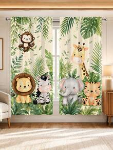 2 buah Tirai Motif Hewan Hutan Utama, Elemen Singa, Gajah, Harimau, Jerapah, Zebra, Model Kantong Batang, Cocok untuk Dekorasi Kamar Tidur dan Ruang Tamu, Tirai Dekoratif. - MultiWarna - View 7