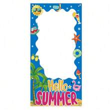 1件鮮豔夏威夷泳池派對拍照橫幅裝飾 - 熱帶風格背景布，印有「Hello Summer」圖案、棕櫚樹和火烈鳥設計 - 多功能鏤空攝影背景，適用於夏季泳池邊裝飾和海灘派對夏威夷派對裝飾、度假必需品、旅行必需品、露營、旅行，無需電源 - Sym - 多色 - 查看 9