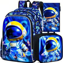 3 PiecesBoys Cartoon Astronaut Galaxy Space Print Durable Material Adjustable Straps Zipper Closure Cool Sci-Fi Style Backpack Set For School & Travel - Blue - View 10