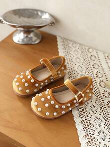 Sepatu Flat Serbaguna Modis dengan Sol Lembut Bermotif Mutiara untuk Bayi Perempuan, Model Putri Kecil - Emas - View 7