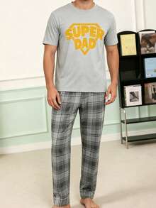 Men's Thin Crew Neck Pullover Top "SUPER DAD" Graphic Print Short Sleeve & Plaid Print Long Pants 2-Piece Casual Comfortable Loungewear Set - Multicolor - View 1