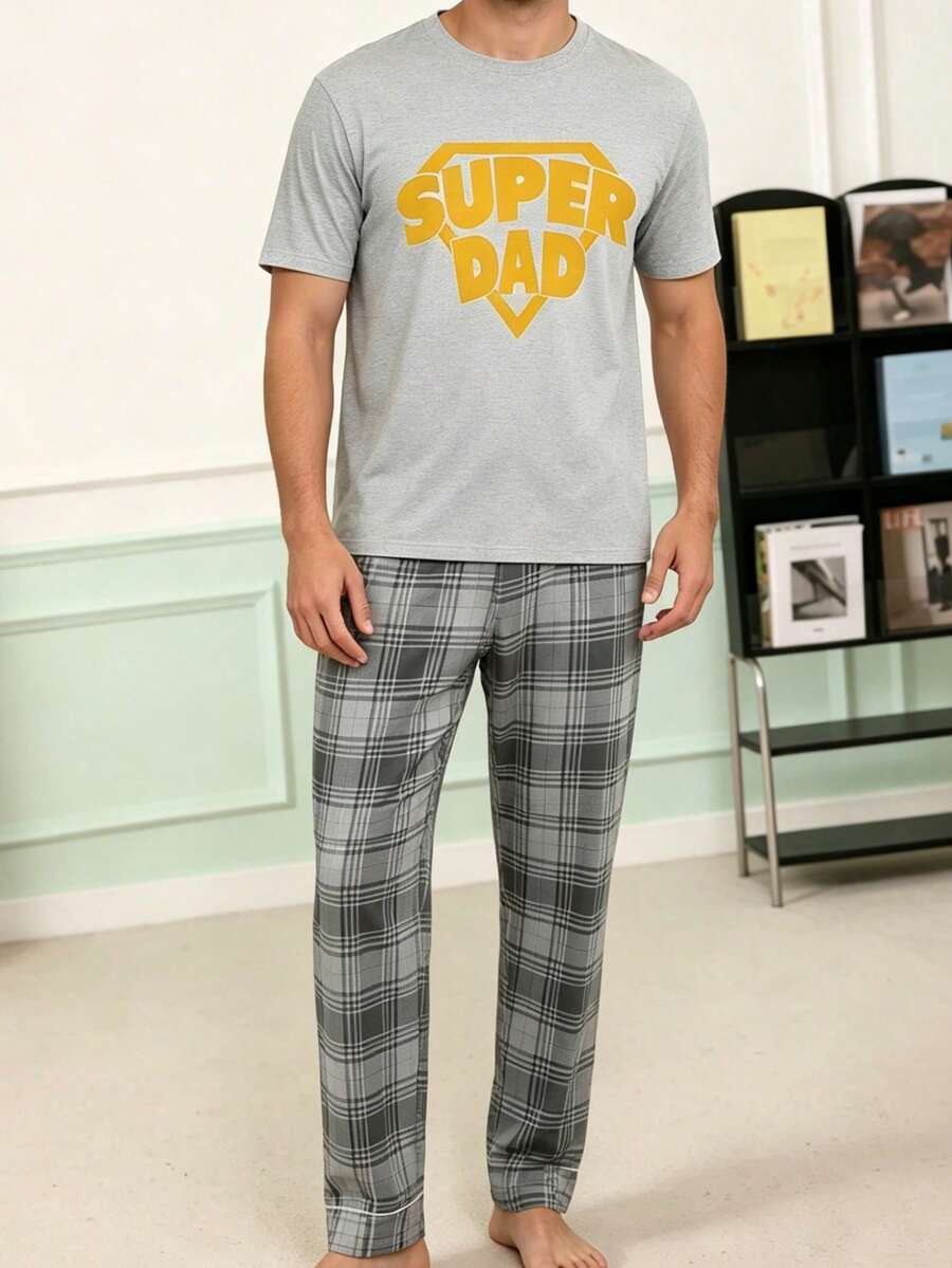 Men's Thin Crew Neck Pullover Top "SUPER DAD" Graphic Print Short Sleeve & Plaid Print Long Pants 2-Piece Casual Comfortable Loungewear Set - Multicolor - View 1